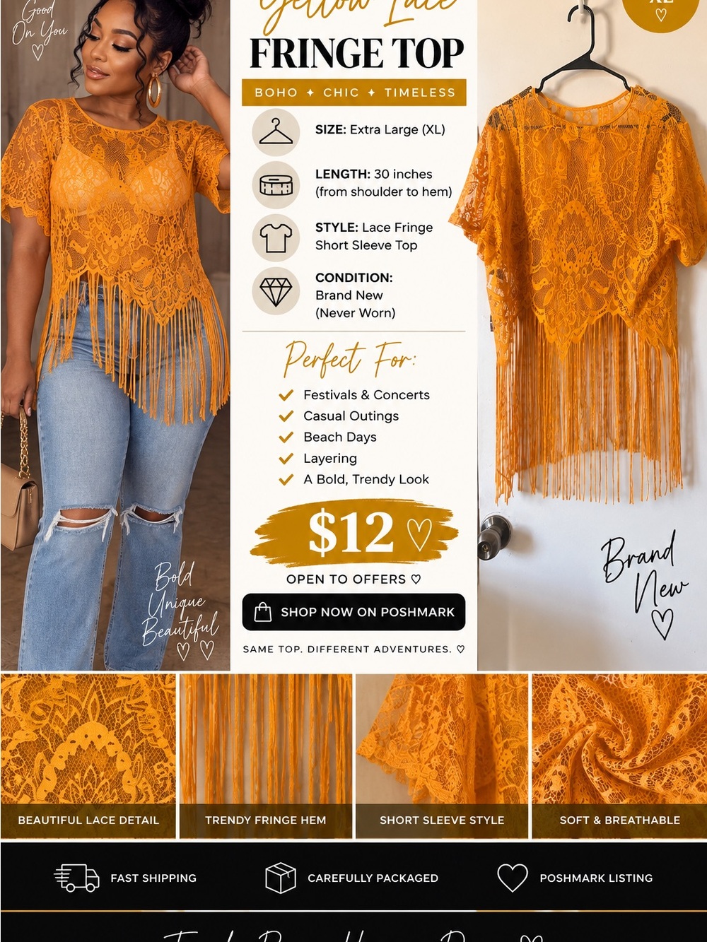 Boho Lace Fringe Short Sleeve Tunic - Yellow